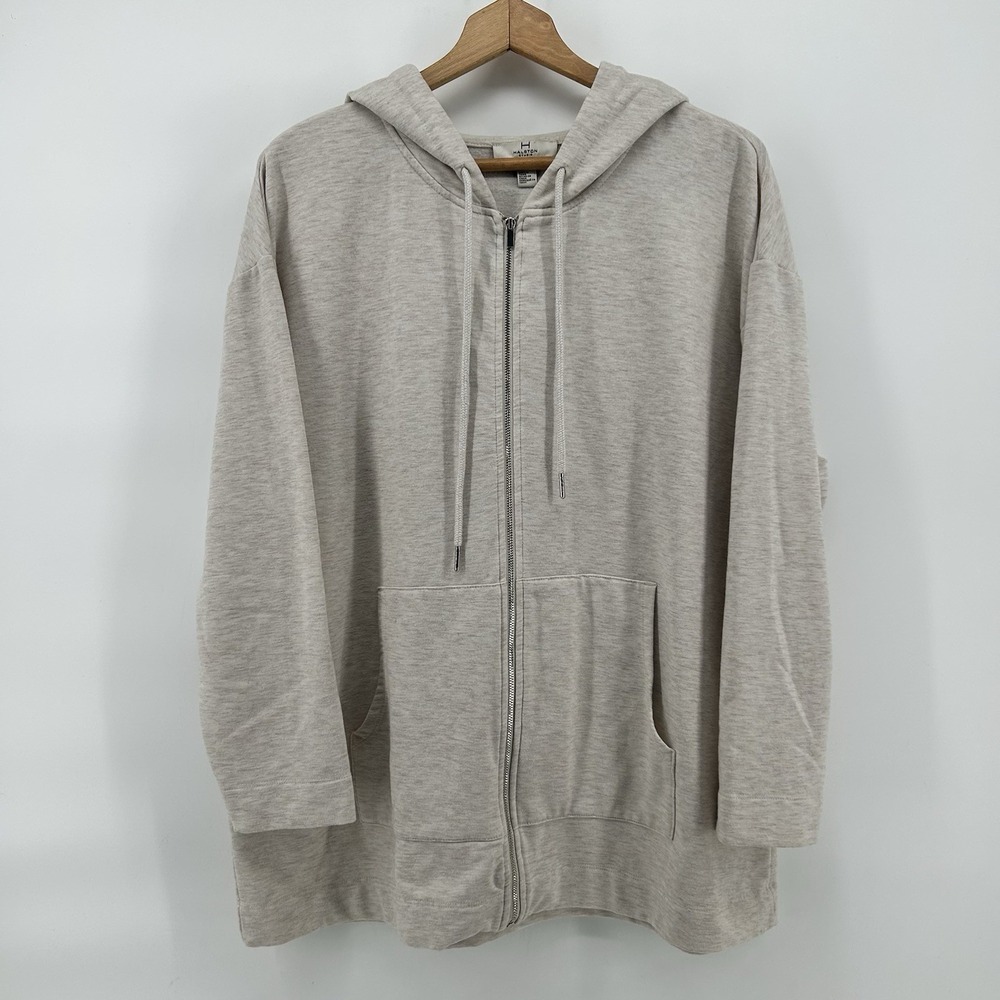Halston Hoodie Womens Large Cream Full Zip Sweatshirt Lightweight Minimal Casual